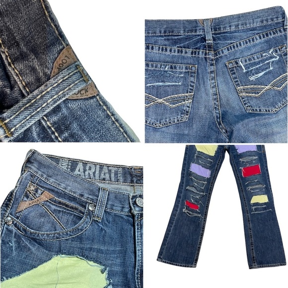 ARIAT Denim M5 Men’s Blue Jeans Low Rise Straight 31x34 W/ Patches Distressed - Picture 9 of 15
